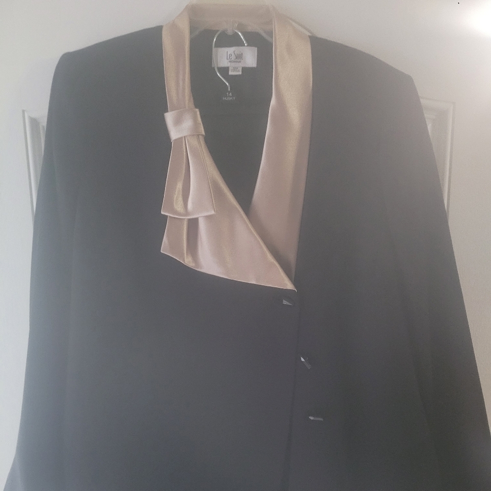 Elegant Black Blazer with Gold Satin Trim With Skirt